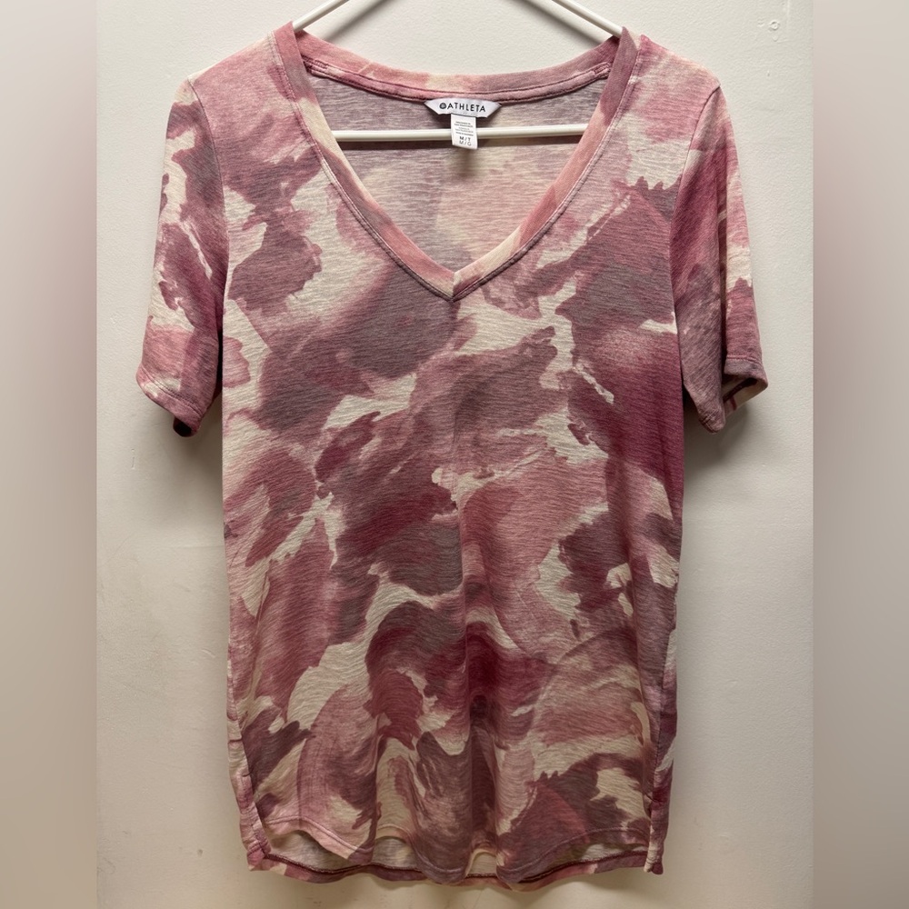 Athleta Pink and Cream Tie-Dye Short Sleeve V Neck Top Medium Tall